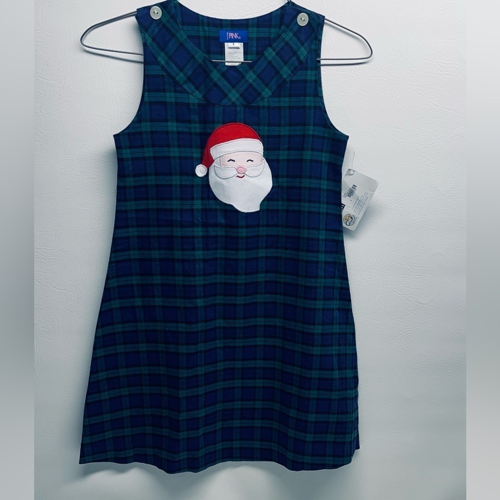 Cotton pink plaid Santa face print Christmas dress size 6 nwt